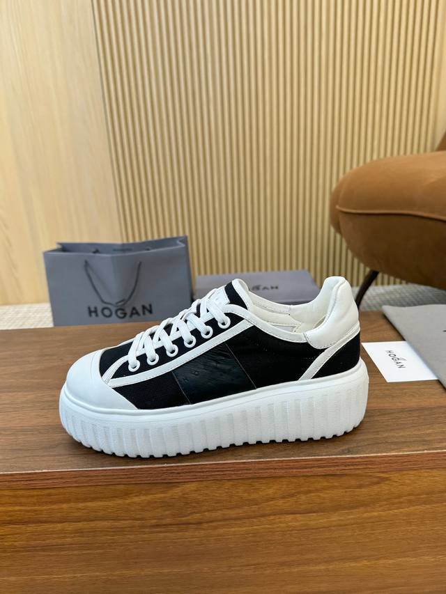 工厂p价 霍根Hogan新款，男女情侣同款 时尚圆头真皮系带 ，运动休闲，厚底让你穿上瞬间长高55Mm。绸织牛皮包边，撞色拼接，流畅线条勾画出新时代简约的美感，