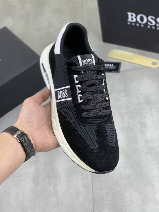 工厂p价p 实价 Boss 2025原版系带男鞋 经典高帮款休闲鞋本款是官方主打经典款，质量，原厂名师制作，采用进口飞织透气面料舒适透气网布內里羊皮鞋垫，完美楦