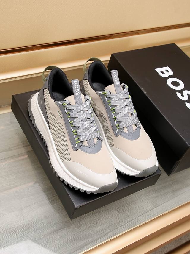 调工厂p价 男装男鞋 运动原单 Boss 新款男仕运动鞋 知名运动品牌新款隆重上市 以奢华高端设计出货 鞋面原版定制滴胶透气布制作 羊皮垫脚 叠层设计鞋面线条感