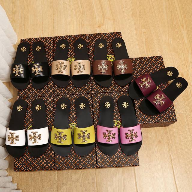 工厂p价 女装女鞋 运动原单托里伯奇最新款平拖凉鞋，牛皮面料，颜色有黑色，酒红色，粉红色，白色，土黄色，黄色，杏色，7个夏季流行色，大底橡胶防滑耐磨，码数35-