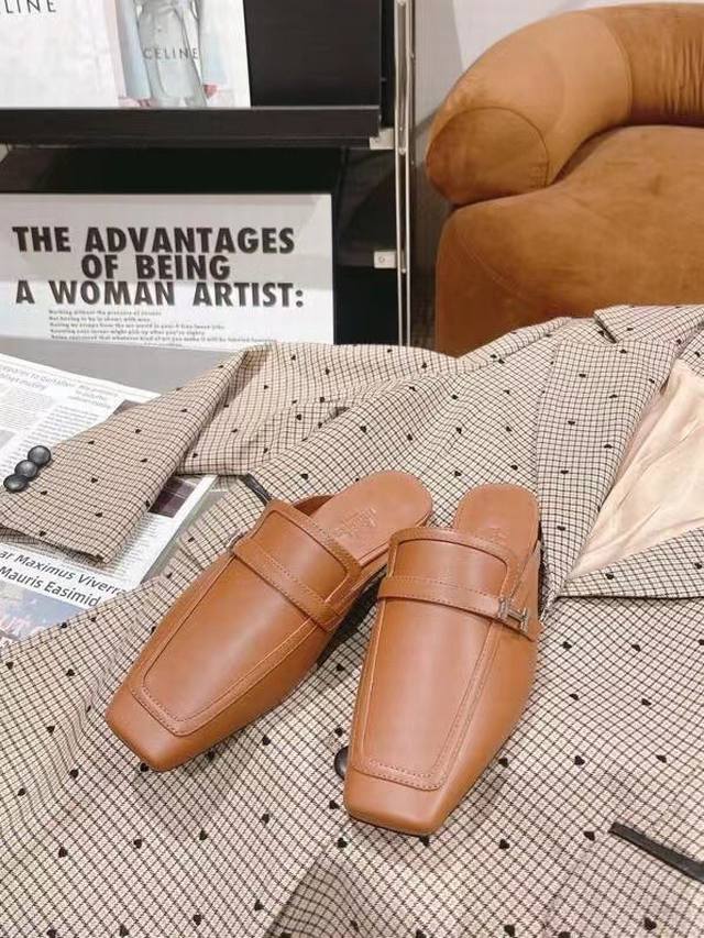 工厂p价 。女装女鞋 运动原单爱马仕Hermes 新款Groupie方头H扣穆勒鞋一脚蹬包头半拖鞋。时尚慵懒 好搭配 人手必备单品 面料：进口羊皮 高密度布料