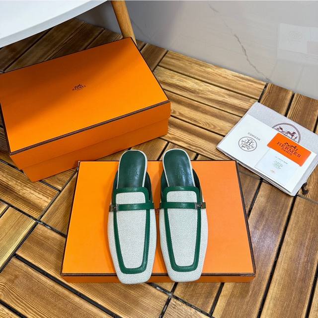 工厂p价 女装女鞋 运动原单。爱马仕Hermes 新款Groupie方头H扣穆勒鞋一脚蹬包头半拖鞋。时尚慵懒 好搭配 人手必备单品 面料：进口羊皮 高密度布料