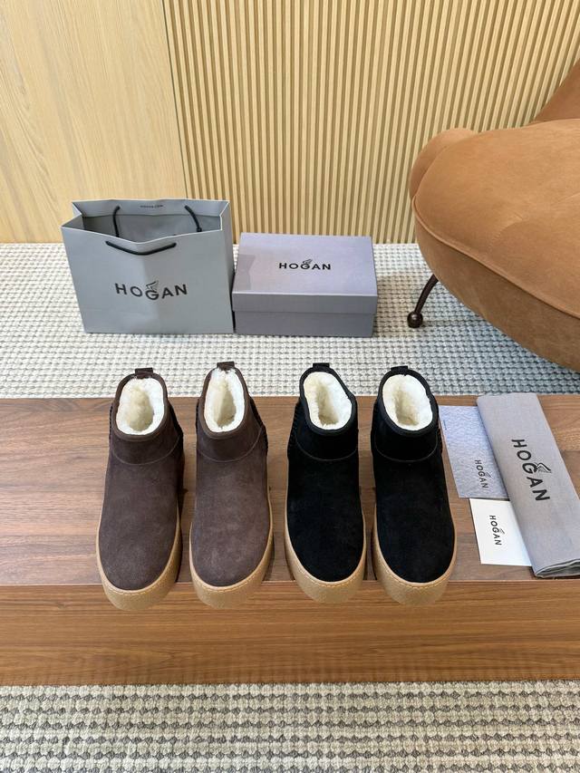 实价 爆爆爆 霍根Hogan新款， 女士时尚圆头真皮羊毛短靴，运动休闲，厚底让你穿上瞬间长高55Mm。绒面小牛皮手工拉线，新时代简约的美感 ，后置提鞋环，高弹鞋