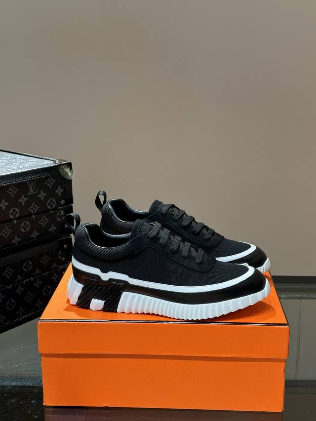 H爱马仕Bouncing运动鞋，男士休闲运动鞋，鞋面牛皮拼接高端网布打造，进口材质，质感十足，轻盈鞋底装饰撞色图案，打造百搭时尚风格。 Size：38-44