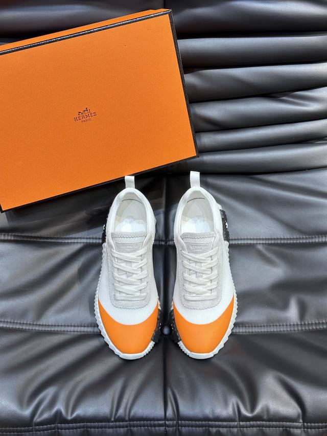 H爱马仕Bouncing运动鞋，男士休闲运动鞋，鞋面牛皮拼接高端网布打造，进口材质，质感十足，轻盈鞋底装饰撞色图案，打造百搭时尚风格。 Size：38-44