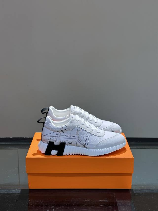 H爱马仕Bouncing运动鞋，男士休闲运动鞋，鞋面小牛皮和麂皮山羊皮拼接打造，进口材质，质感十足，轻盈鞋底装饰撞色图案，打造百搭时尚风格。 Size：38-4