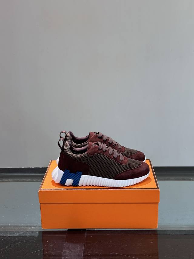 H爱马仕Bouncing运动鞋，情侣款休闲运动鞋，鞋面小牛皮和网布拼接打造，进口材质，质感十足，轻盈鞋底装饰撞色图案，打造百搭时尚风格。 Size：35-44