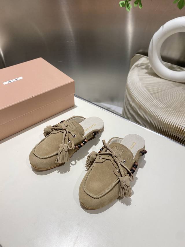 出厂单鞋 托鞋330缪缪2025擦色系带鸡眼平底豆豆鞋 流苏走秀新款 .复古小皮鞋乐福鞋 豆豆鞋 复古时尚 简约高级 随意搭配 上脚非常舒适，年度必入款！超级重