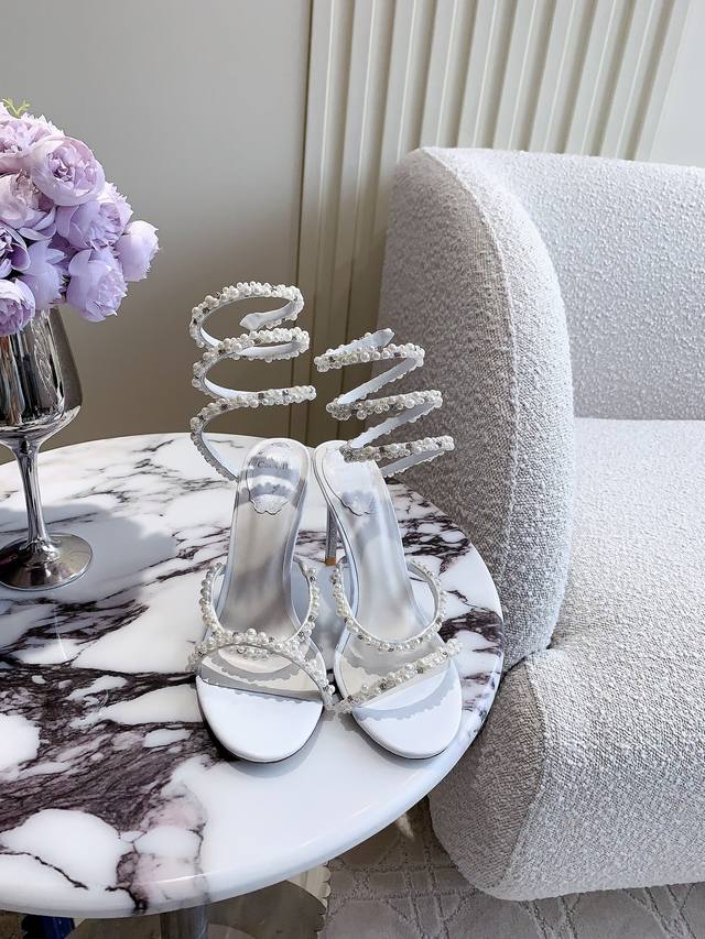 矮跟 高跟 Ren* Caovill*蛇形珍珠高跟凉鞋 上脚仙气十足 堪称工艺品！ 鞋面纯手工缝制珍珠 垫脚羊皮 意大利真皮大底 跟高4.5Cm 9.5Cm 码