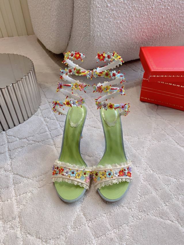 拖鞋 后带 蛇形 Ren* Caovill* 新款超重工繁花高跟鞋 纯手工缝制花朵 耗工耗时 精致奢华 鞋面透气网纱手工羊皮花朵 羊皮垫脚 原版闪面真皮大底 跟