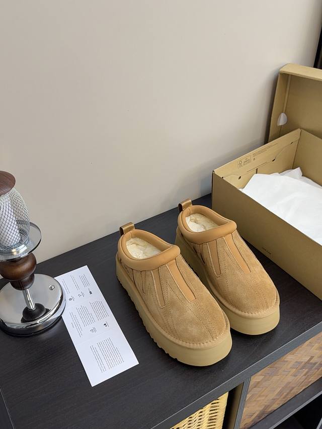 Ugg太阳花塔茨特 一脚蹬厚底雪地靴女2025冬季新款加绒加厚皮毛一体保暖棉鞋 颜色：栗色、芥菜籽色 尺码：35-40