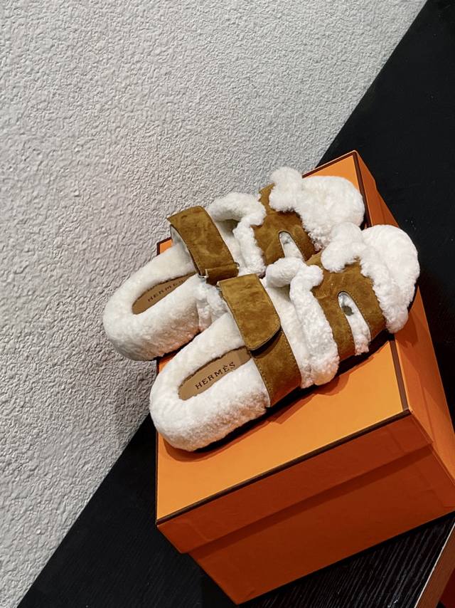 Hermes爱马仕Chypre系列 老舅鞋 泰迪二舅毛拖鞋 H毛拖 魔术贴毛拖鞋 原版购入开发 做货 爱马仕Chypre系列 毛茸茸的 敲可爱的，踩云脚感，光脚