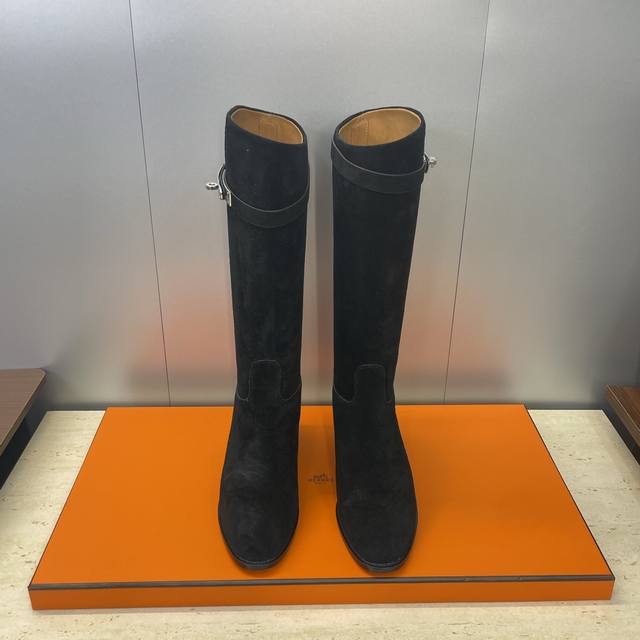 工厂p价p 莞货 Hermes爱马仕经典顶级版系列Box Jumpling朋克风格Kelly扣低跟高筒及膝拼色女长靴 H家明星同款字母Logo圆头一脚蹬机车骑士