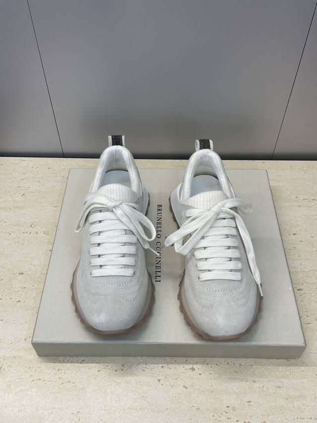 工厂p价p Brunello Cucinelli 2025秋冬新款拼色系带女鞋 Bc厚底圆头毛线筒标志性串珠休闲运动跑鞋 材质：鞋面进口羊猄皮+水染羊皮内里垫脚