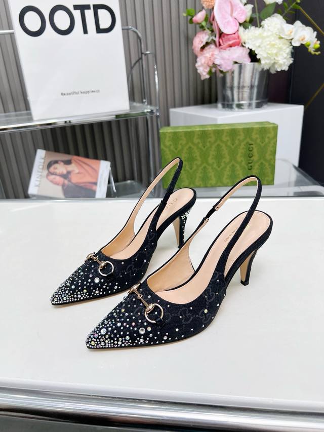 2519一9 Gucci 最新爆款 专柜原版鞋开模制作 原版五金链条扣 双G布烫闪亮彩钻 大牌明星最爱的奢侈品 面料：古奇原版双G布烫钻 内里：羊皮 跟高85毫