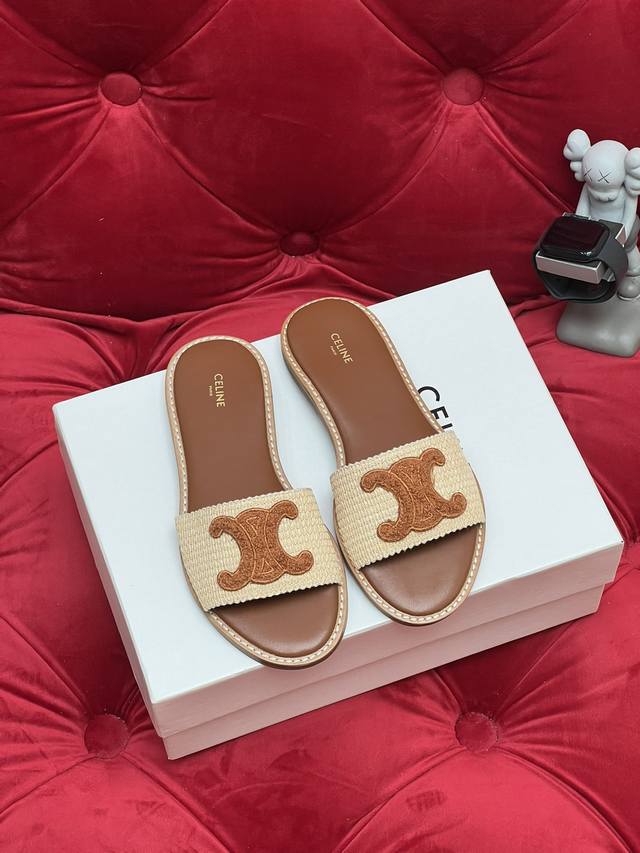独家实拍 顶级版本 24Ss代购级别 Celine草编牛皮革平底拖鞋 赛琳全系列经典配色 百搭M多裙子 裤子 网红搭配不同颜色袜子穿也超级洋气 看似简单的凉鞋却