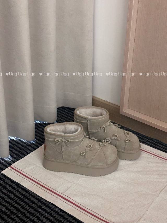 交叉蝴蝶结雪地靴 可可爱爱小短筒 麂皮 Remake自制蝴蝶结 内里皮毛一体 超级暖和 Size：35 40