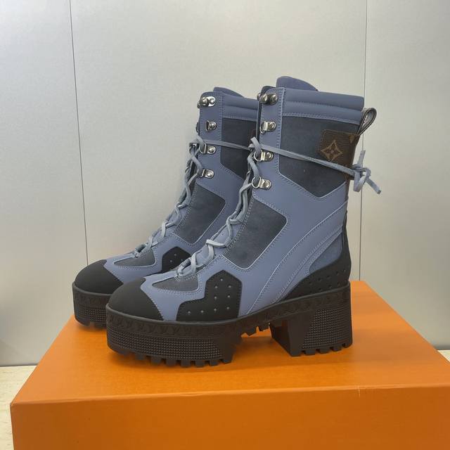 工厂p价p Louis Vuitton* 2025秋冬新款系带机车短靴 Lv字母Logo厚底低跟防水台拼色骑士靴 材质：鞋面进口丝绸牛皮 进口环保透气科技面料+