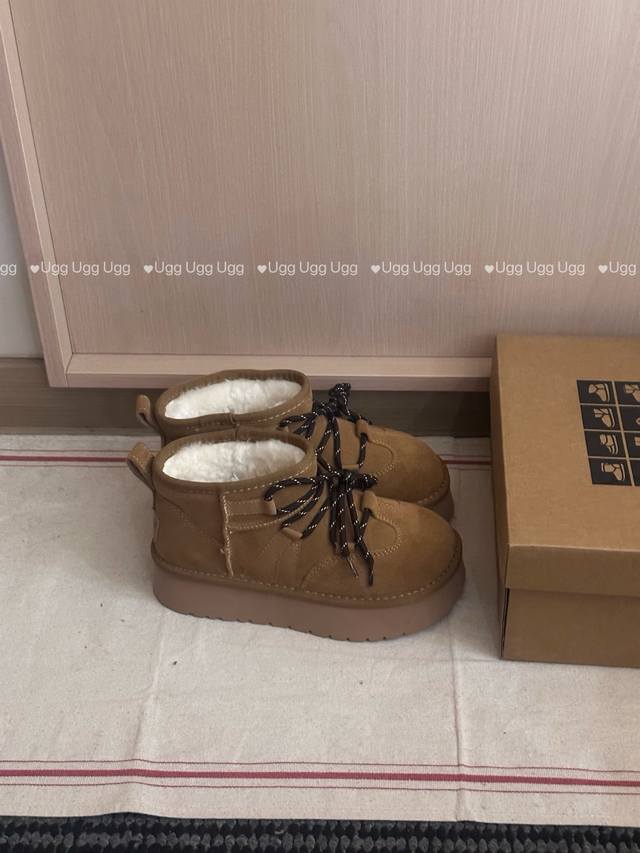 绑带短筒洛奇靴 芒果鞋头 3-4Cm增高 麂皮 Remake绑带设计 内里皮毛一体 超级暖和 Size：35 40