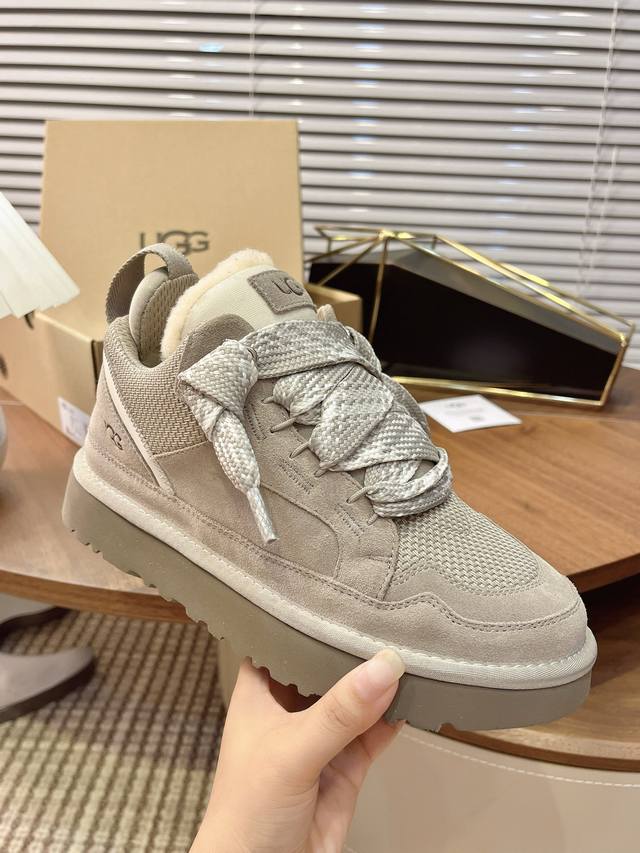 Ugg2025秋冬新款梅尔休闲鞋毛毛鞋，雪地靴 柔软亲肤，舒适平底圆头扁平鞋带低帮休闲鞋 鞋面翻毛皮，再生弹道布网纱鞋面 跟后侧饰有压花Logo 鞋底Eva 货