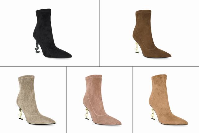 圣罗兰 Ysl 女士弹力短靴。 p：意大利真皮大底： 米。 码数：35-42 材质与版型：采用浅棕色弹力麂皮材质，紧密贴合腿部线条，具有出色的瘦腿效果，过膝靴型