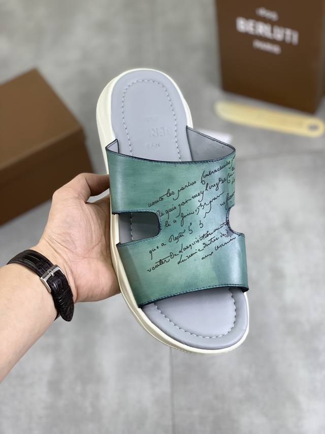 出厂价pp 皮面 Ber*布鲁提意大利奢品，高端男士拖鞋，鞋面选用进口飞织，纯手工制作，意大利牛皮真皮大底、奢侈用料进口胎牛内里低调与奢华与一体 码数：40-4