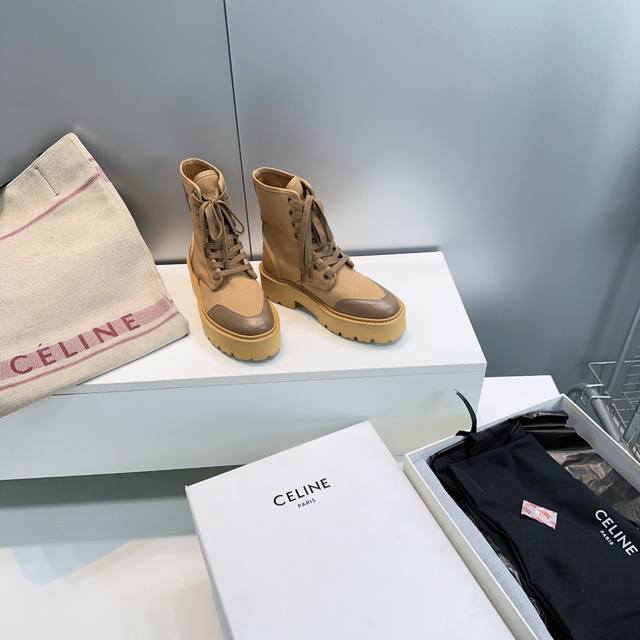 高品质出厂 ！顶级品质Celine赛琳25Ss秋冬经典复古松糕厚底系带马丁靴短靴！这个秋冬为女神们专属定制的一款潮流单品！系带厚底增高的设计版型超正、当季流行的