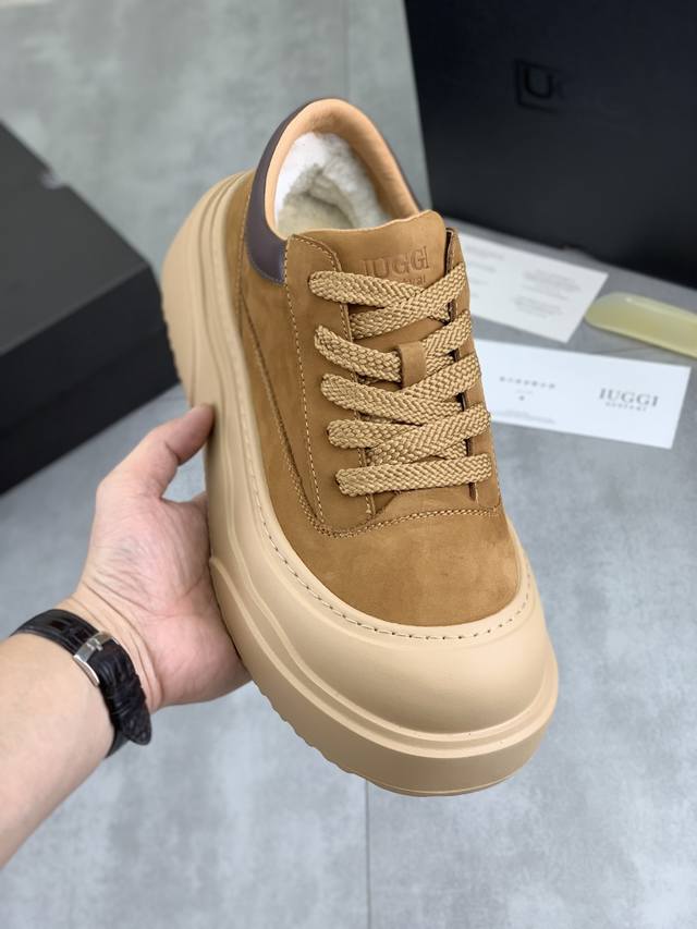 工厂p价p 实价 上新 Iuggi 男鞋 冬季新款厚底增高板鞋男款复古真皮休闲鞋 全牛皮 内里羊毛 加绒保暖马丁靴厚底增高系带休闲舒适短靴 腔调款~低帮鞋男头层