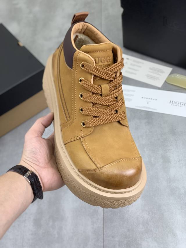 工厂p价p 实价 上新 Iuggi 男士英伦风高帮大头工装鞋新款美式复古真皮厚底板鞋系带中帮短靴 全真羊毛 耐磨防滑大底 时尚潮流 尺码：39-44 两色