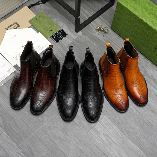 调工厂p价 商品商标：Gucci 古驰 高帮商务皮鞋 正码码数: 37-46 37.46定做不退换 商品材料：精选雕花牛皮鞋面 猪皮内里 橡胶大底