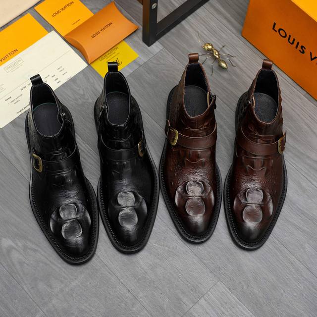 调工厂p价 商品商标：Lv 路易威登 高帮商务皮鞋 正码码数: 37-46 37.46定做不退换 商品材料：精选擦色鳄鱼纹牛皮鞋面 猪皮内里 橡胶大底