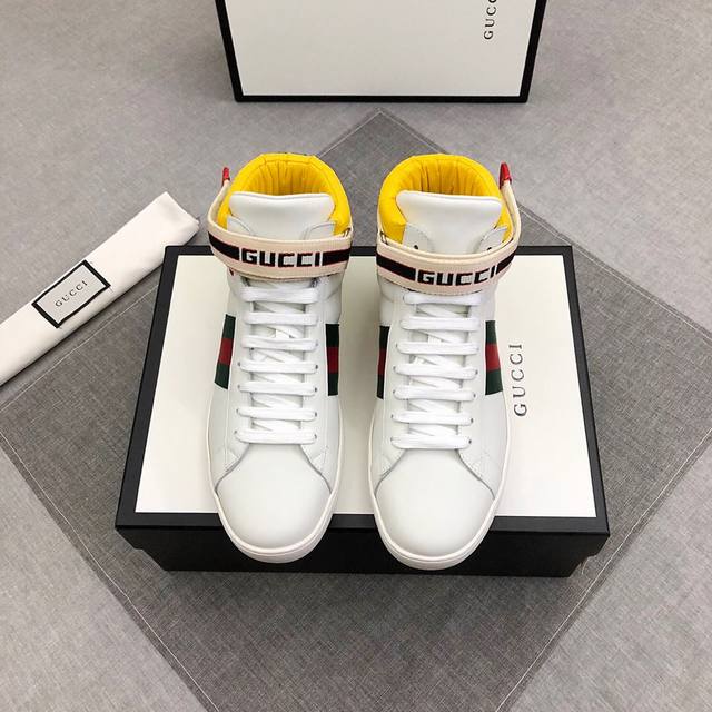 调工厂p价 Gucci古奇18Fw New Ace 字母Logo 魔术贴高帮鞋，高端牛货，意大利进口原版织带，进口印花调工厂p价pVc原版材质，头层牛皮里 ，原