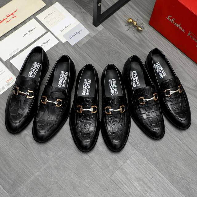 调工厂p价 商品商标：Ferragamo 菲拉格慕 ] 商务套脚皮鞋 正码码数: 39-45 38.46定做不退换 商品材料：精选 石头纹牛皮鞋面 羊皮内里 原