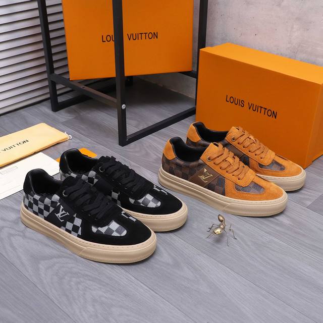 商品商标：Lv 路易威登 休闲系带男鞋 正码码数: 38-44 商品材料：精选磨砂牛皮拼接格纹牛皮鞋面 羊皮内里 橡胶大底