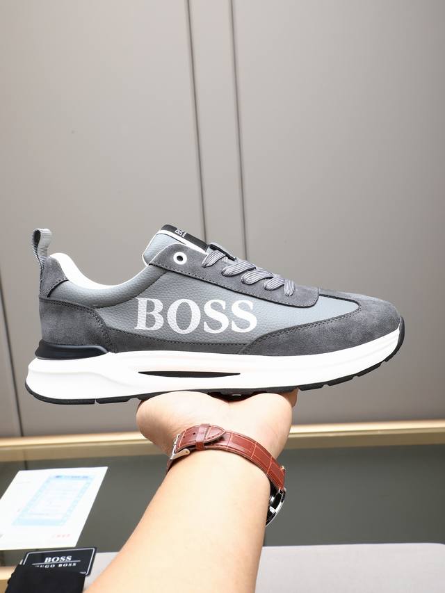 最新Boss男士休闲运动鞋，头层牛皮接拼，纯棉透气网里不闷脚 上脚柔软舒适 Tpu大底脚感轻便！ Size：38-44 45 46定做