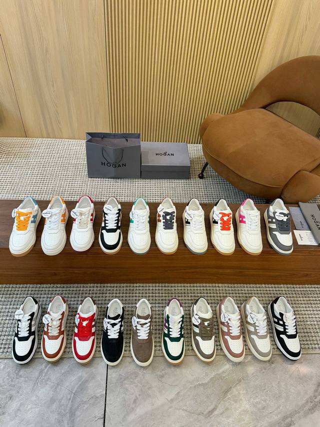 Hogan霍根圆头休闲鞋，小牛皮撞色，H标巧妙设计融合搭配流畅的线条，花爆大底轻便耐磨高弹。跟高3.8Cm厚底弹力十足。色调柔和明朗，休闲的都市风情，是你四季的