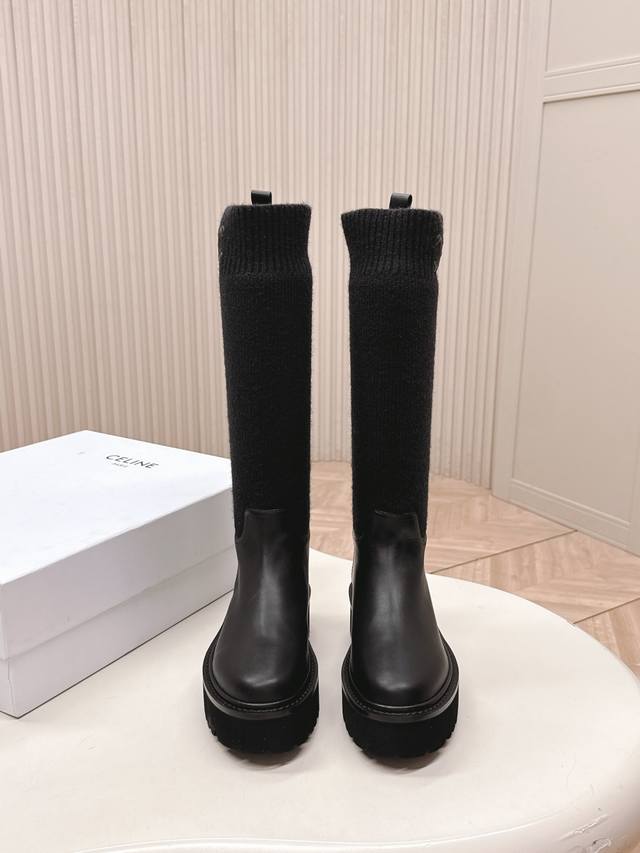 Celine 思琳新款 经典凯旋门毛线筒祙子厚底牛皮短靴 超级显气质增高显瘦款 女王的绝佳搭配！简约时尚又俏皮懒人毛线袜子 鞋面：牛皮 内里：牛皮 原版底！ S