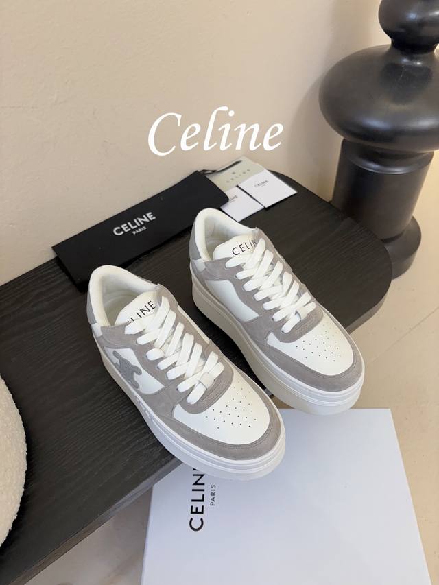 Celin*25Ss 经典款厚底运动鞋小白鞋休闲鞋 经典低帮板鞋轮廓，线条简约利落，推出纯白、米灰拼色、焦糖拼色三款配色，兼顾极简轻奢感与百搭性；鞋舌、鞋帮、鞋