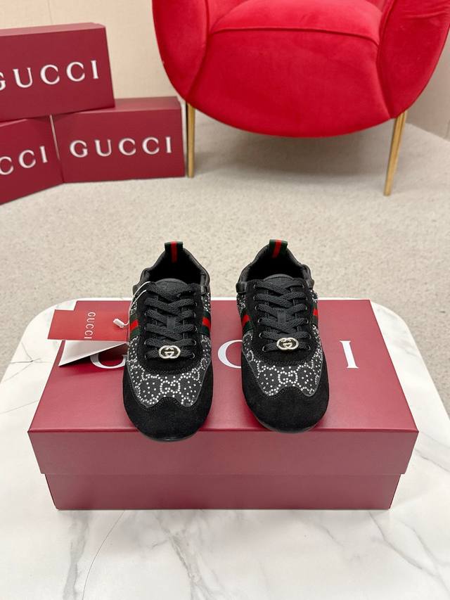 女款 G家古驰最新网面拼色休闲鞋，Gg古奇系列休闲乐福休闲走秀款 Zp开发纯原版本 金属双G水晶圆柱形标 Gucc原版纹织带 鞋面擦色牛皮磨砂拼接经透气网布工艺