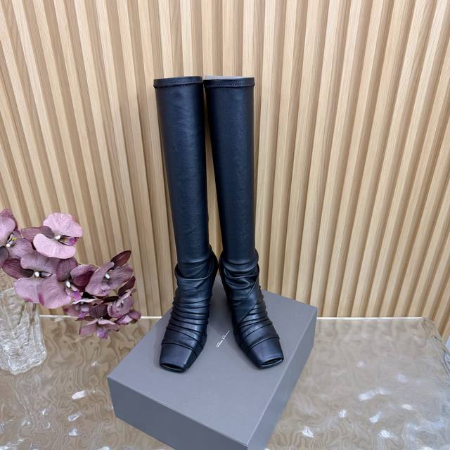 光面 马毛 2025秋冬新品Rick Owens欧文斯高跟弹力坡跟高筒靴，时装走秀同步发售 牛羊皮拼接棕色羊皮，鱼嘴方头设计 带毛毛拼接 细节独特 全新带盒 3