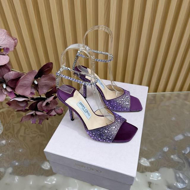 水钻星空 市场独家高版本首发 新配色 Jimmy Choo摩登鞋履，街拍神器Sae水晶链高跟凉鞋 尖拖系列 幻彩拼色烫钻款 夺目彩虹婚鞋 整鞋采用施华洛世奇水晶