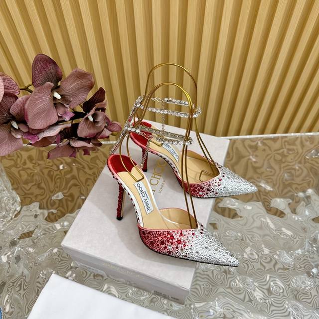 水钻星空 市场独家高版本首发 新配色 Jlmmy Choo摩登鞋履，街拍神器Sae水晶链高跟凉鞋 尖拖系列 幻彩拼色烫钻款 夺目彩虹婚鞋 整鞋采用施华洛世奇水晶