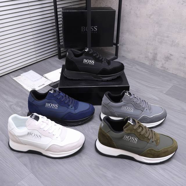商品商标：Boss 男款休闲鞋 DDD 正码码数: 39-45 DDD 商品材料：精选优质牛皮拼接磨砂皮鞋面 网内里 原版橡胶大底 DDD