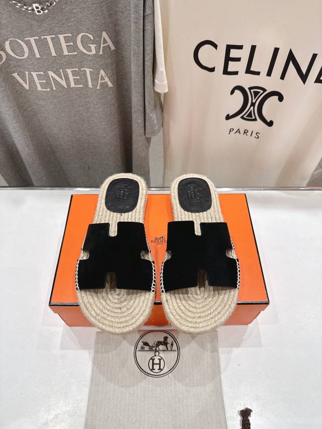 高版本出厂 DDD Hermes*爱马仕H家F050 2026Ss最新升级版情侣款麻绳底平底H拖鞋 DDD 度假旅游必备神器#由爱马仕首席设计师Pierreha