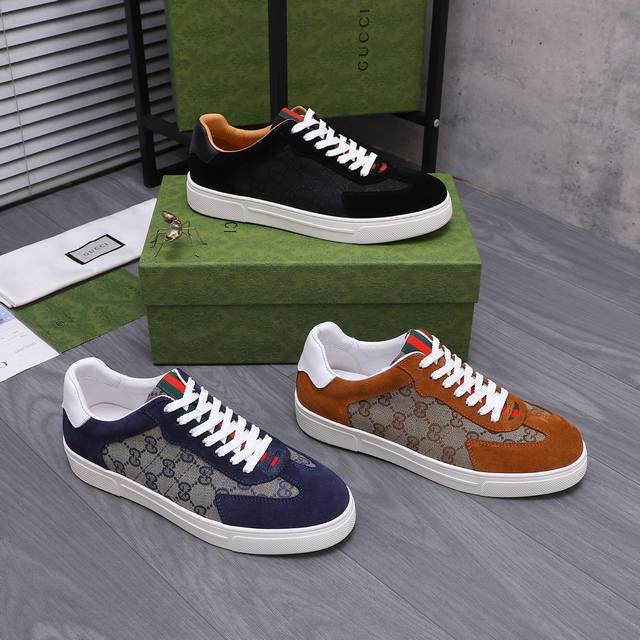 商品商标：Gucci 古驰 休闲系带男鞋 DDD 正码码数: 38-45 45定做不退换 DDD 商品材料：精选经典织花拼接磨砂牛皮鞋面 猪皮内里 原版橡胶大底