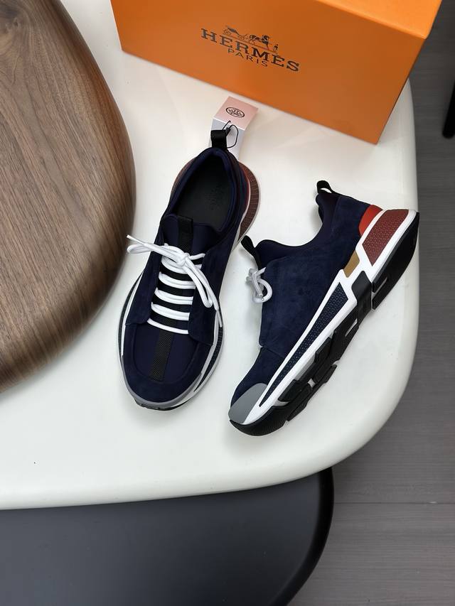 H爱马仕Bouncing运动鞋，男士休闲运动鞋，鞋面进口小牛皮拼接头层磨砂牛皮打造，进口材质，质感十足，轻盈鞋底装饰撞色图案，打造百搭时尚风格。 DDD Siz