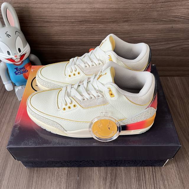 顶级版本J Balvin X Jordan Air Jordan 3 Retro Sp MedellíNsunset 日落渐变笑脸耐磨透气中帮复古篮球鞋男款白蓝
