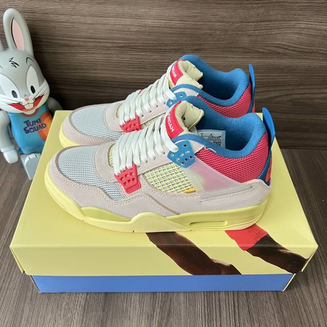 顶级版本Union La Xjordan Airjordan 4 Retro Sp Guavaice说唱新世代 耐磨中帮复古篮球鞋男女同款 粉红蓝。 DDD 码