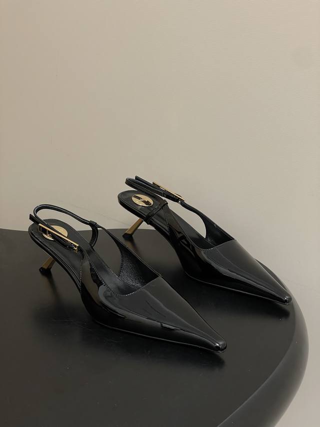 DDD Saint Laurent Fw25 New Arrival～ DDD Ysl圣罗兰2026春夏新款尖头小猫跟后空凉鞋亮面高跟鞋异形金色跟凉鞋 DDD
