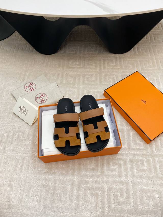 出厂 顶级版本 男码+10 上新Herme* H家chypre二舅鞋H型魔术贴平底新款拼色凉鞋拖鞋 ZP购入，顶级原单品质，市面最高版本，出厂价批 鞋面：进口头